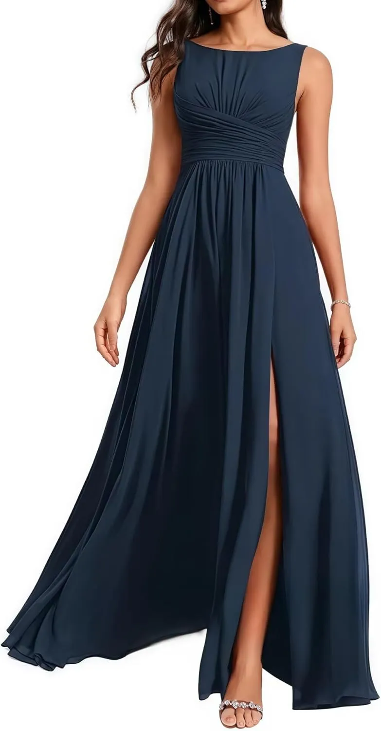 Bridesmaid Dresses Crewneck Long for Women A Line Ruched Formal Chiffon Evening Gowns
