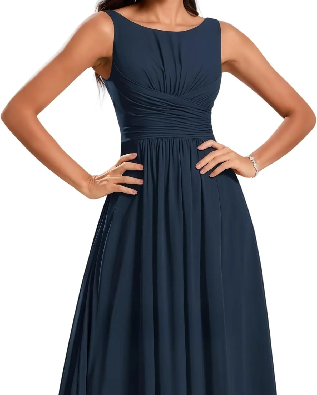 Bridesmaid Dresses Crewneck Long for Women A Line Ruched Formal Chiffon Evening Gowns