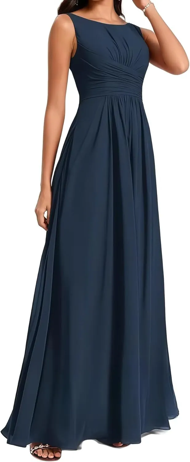 Bridesmaid Dresses Crewneck Long for Women A Line Ruched Formal Chiffon Evening Gowns