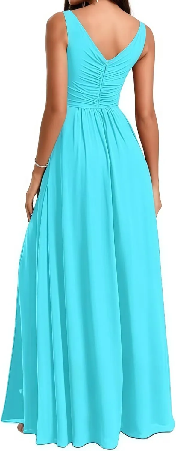 Bridesmaid Dresses Crewneck Long for Women A Line Ruched Formal Chiffon Evening Gowns