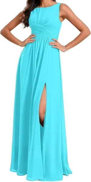 Bridesmaid Dresses Crewneck Long for Women A Line Ruched Formal Chiffon Evening Gowns