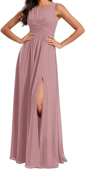 Bridesmaid Dresses Round Neck with Slit Long for Women A Line Ruched Formal Chiffon Evening Gowns