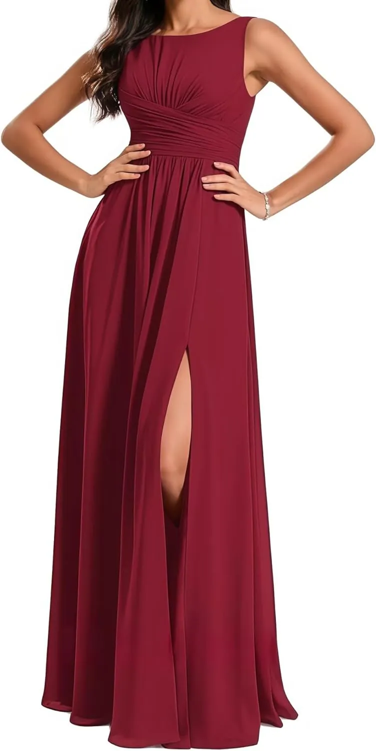 Bridesmaid Dresses Round Neck with Slit Long for Women A Line Ruched Formal Chiffon Evening Gowns