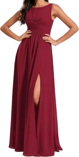Bridesmaid Dresses Round Neck with Slit Long for Women A Line Ruched Formal Chiffon Evening Gowns