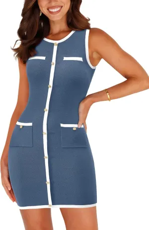 BTFBM Women's 2025 Summer Sweater Dress Sleeveless Ribbed Knit Bodycon Mini Dresses Solid Color Button Short Dress