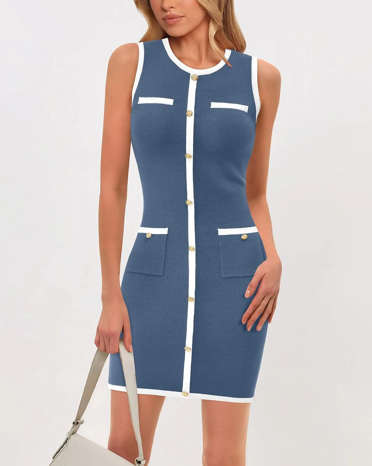 BTFBM Women's 2025 Summer Sweater Dress Sleeveless Ribbed Knit Bodycon Mini Dresses Solid Color Button Short Dress