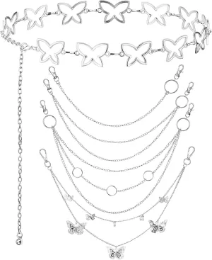 Chain Belt, 5 Pcs Waist Chain Belt Jeans Pants Chain Wallet Chain Pocket Silver Chain Belt Y2K Goth Accessories Punk Dress Body Belly Chain for Women Men