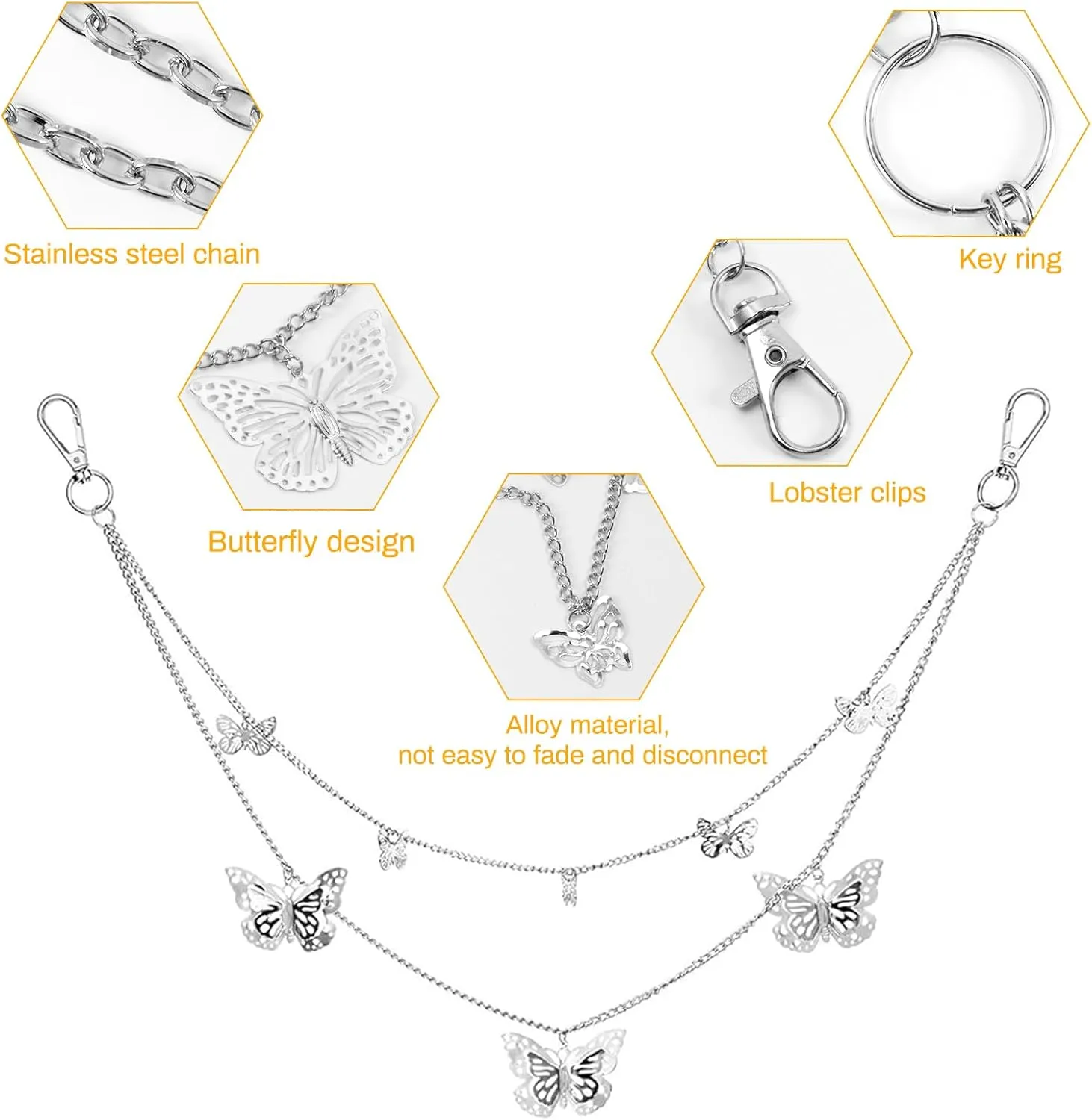 Chain Belt, 5 Pcs Waist Chain Belt Jeans Pants Chain Wallet Chain Pocket Silver Chain Belt Y2K Goth Accessories Punk Dress Body Belly Chain for Women Men