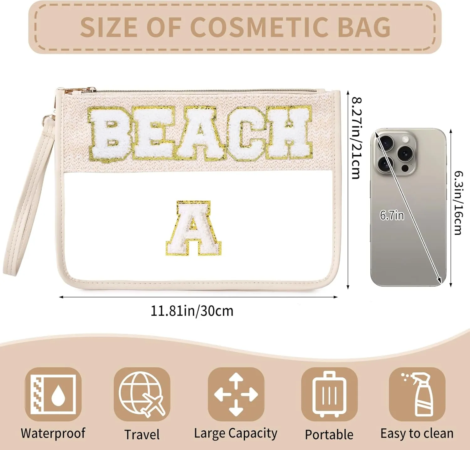 Chenille Letter Clear Zipper Pouch for Travel Clear Snack Bag Beach Cosmetic & Toiletry Makeup Bag for Women (BEACH)