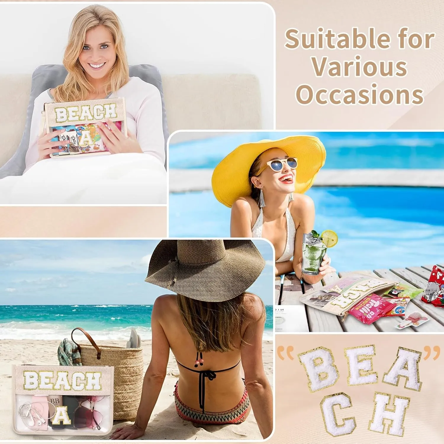 Chenille Letter Clear Zipper Pouch for Travel Clear Snack Bag Beach Cosmetic & Toiletry Makeup Bag for Women (BEACH)