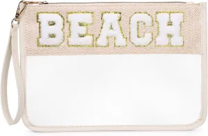 Chenille Letter Clear Zipper Pouch for Travel Clear Snack Bag Beach Cosmetic & Toiletry Makeup Bag for Women (BEACH)