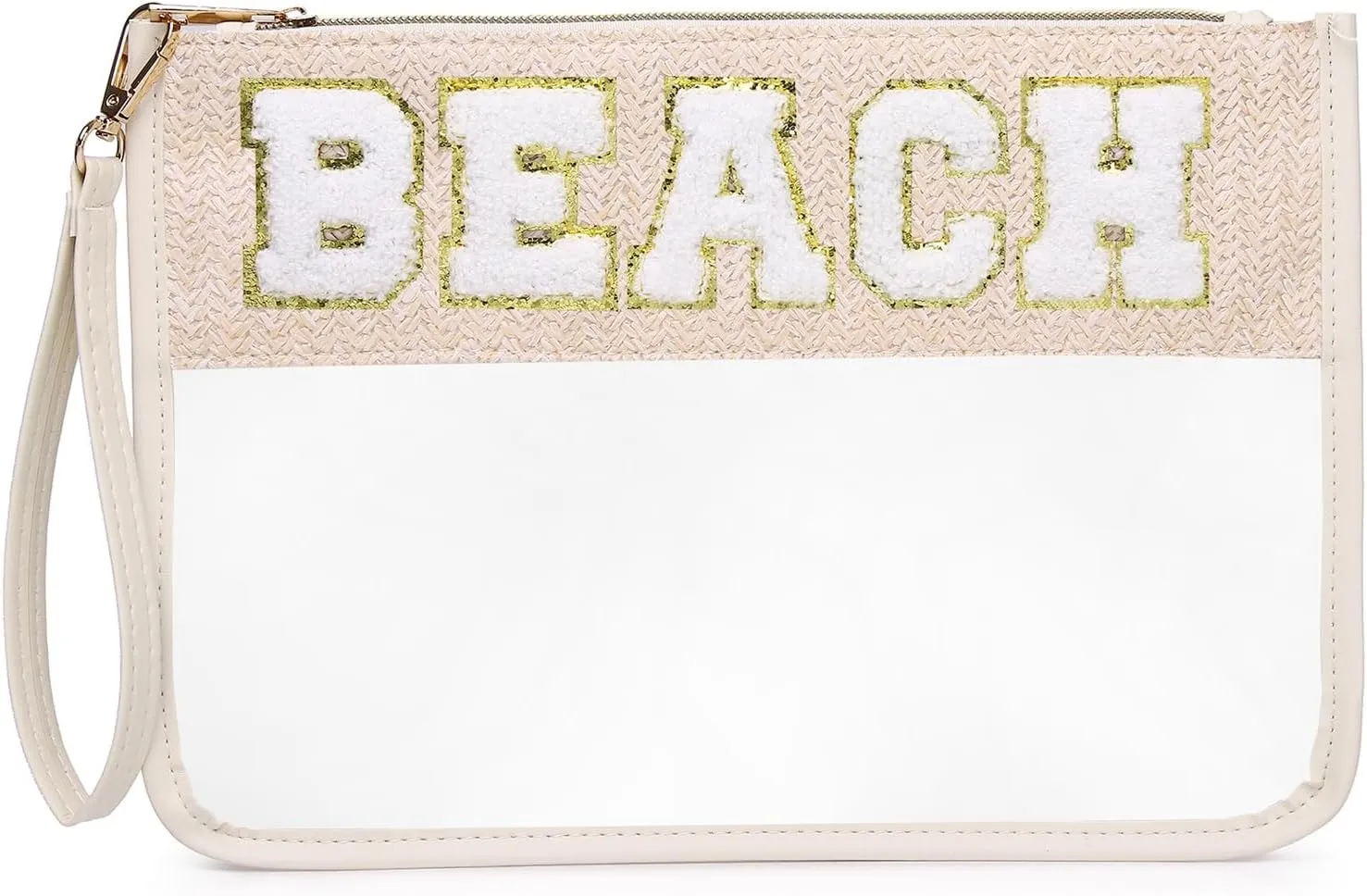 Chenille Letter Clear Zipper Pouch for Travel Clear Snack Bag Beach Cosmetic & Toiletry Makeup Bag for Women (BEACH)