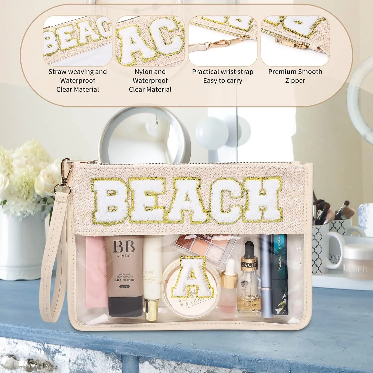 Chenille Letter Clear Zipper Pouch for Travel Clear Snack Bag Beach Cosmetic & Toiletry Makeup Bag for Women (BEACH)