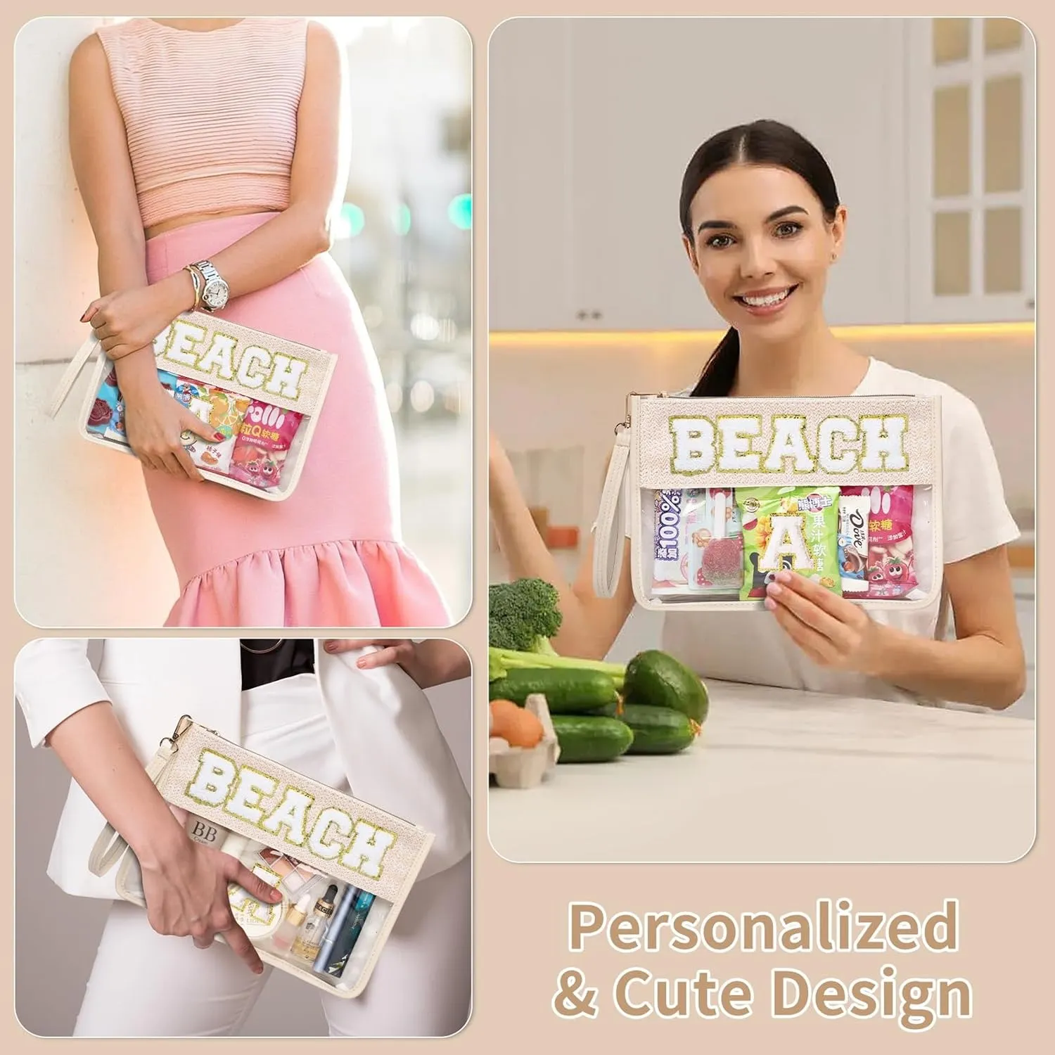 Chenille Letter Clear Zipper Pouch for Travel Clear Snack Bag Beach Cosmetic & Toiletry Makeup Bag for Women (BEACH)