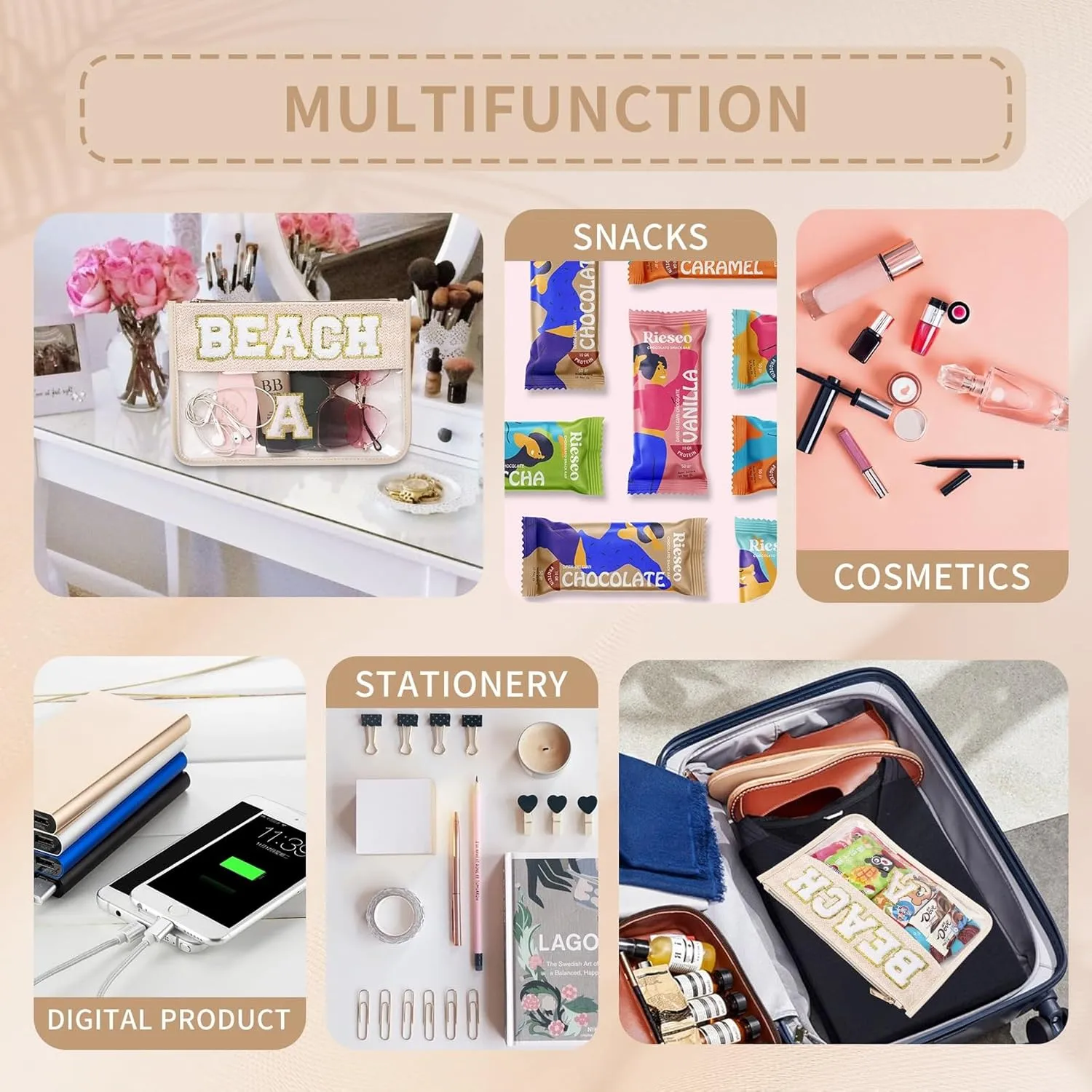 Chenille Letter Clear Zipper Pouch for Travel Clear Snack Bag Beach Cosmetic & Toiletry Makeup Bag for Women (BEACH)