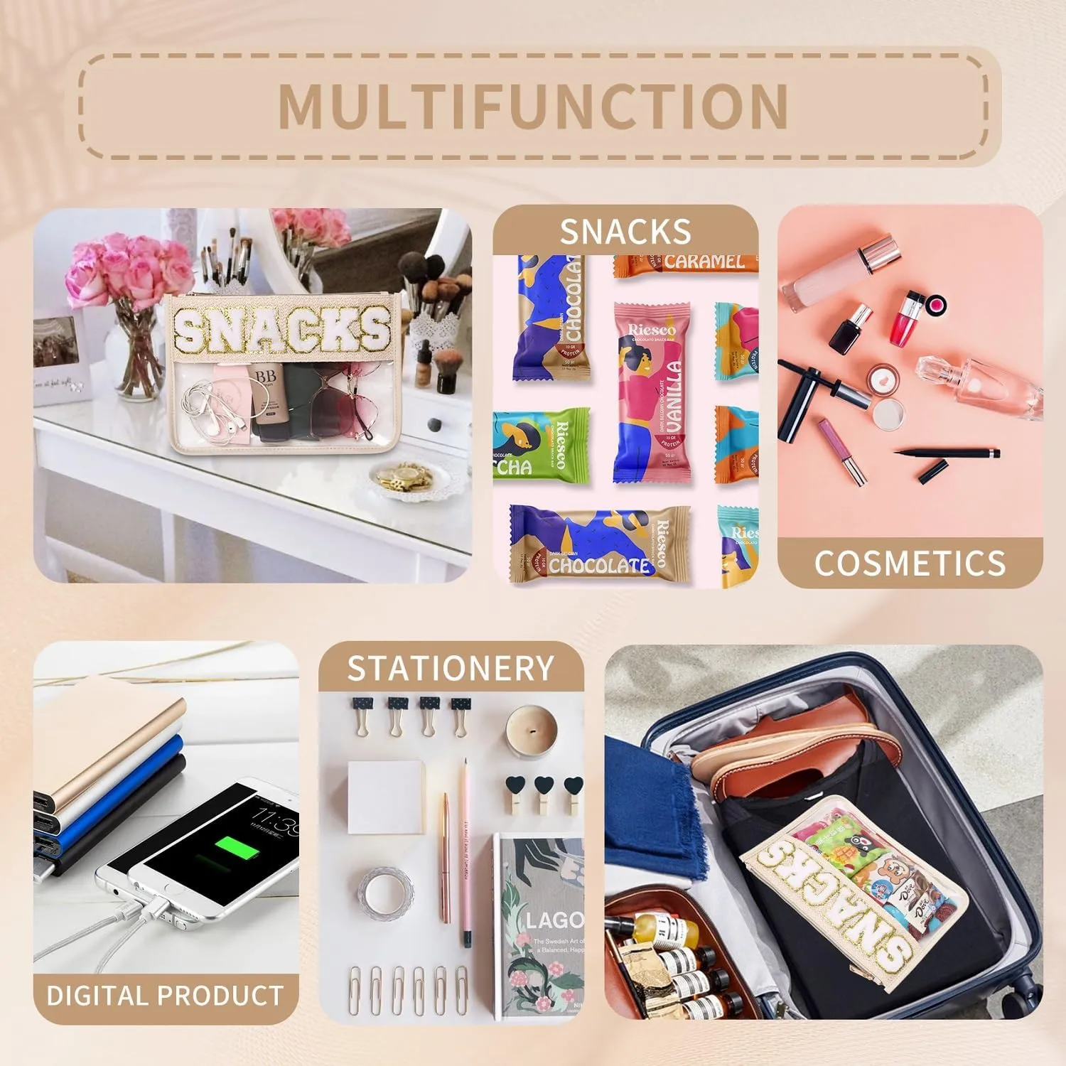 Chenille Letter Clear Zipper Pouch for Travel Clear Snack Bag Beach Cosmetic & Toiletry Makeup Bag for Women (Snacks-1)