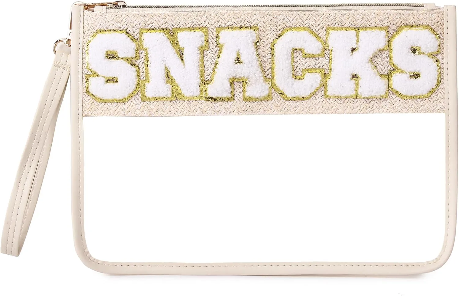 Chenille Letter Clear Zipper Pouch for Travel Clear Snack Bag Beach Cosmetic & Toiletry Makeup Bag for Women (Snacks-1)