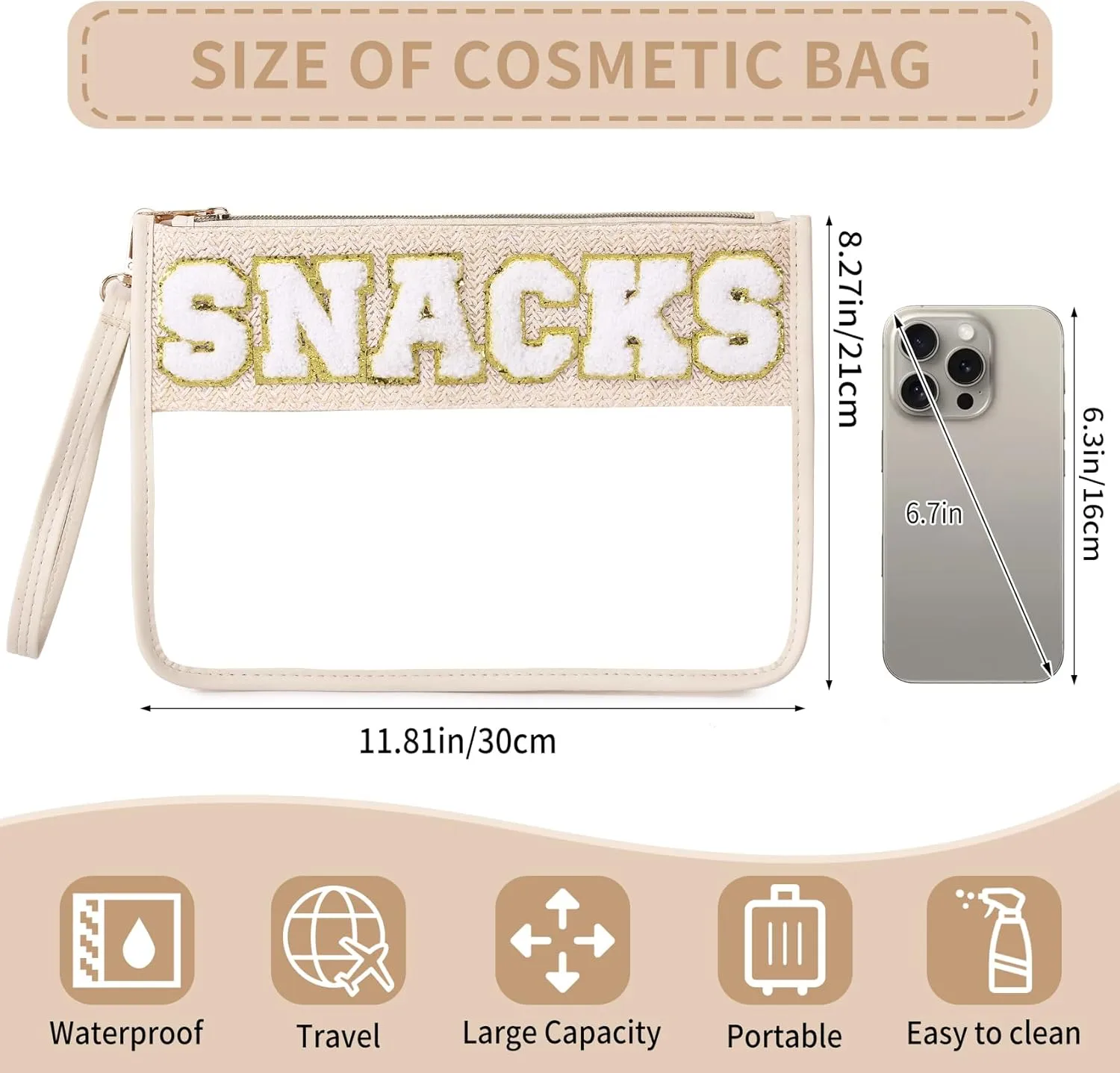 Chenille Letter Clear Zipper Pouch for Travel Clear Snack Bag Beach Cosmetic & Toiletry Makeup Bag for Women (Snacks-1)