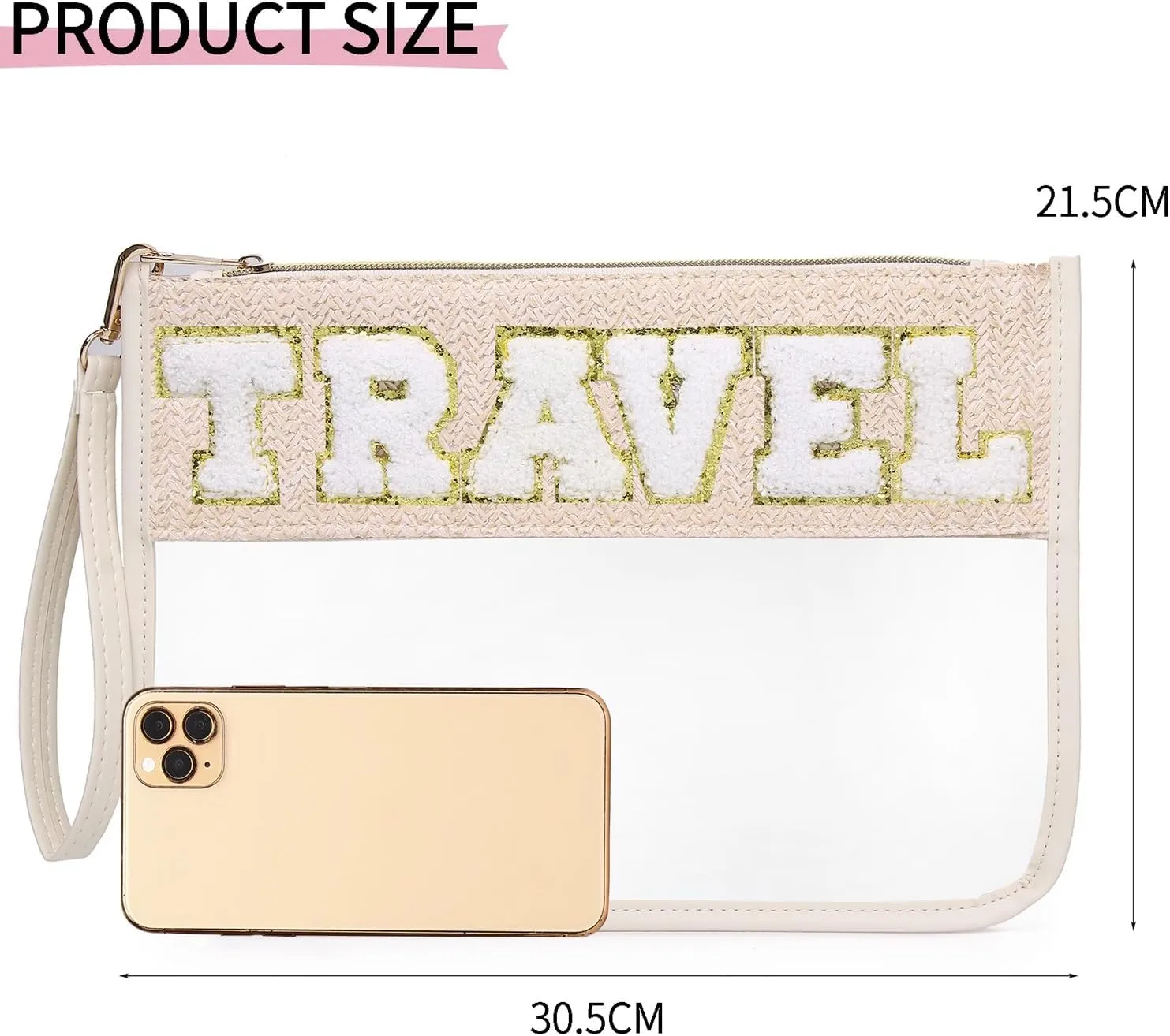 Chenille Letter Clear Zipper Pouch for Travel Clear Snack Bag Beach Cosmetic & Toiletry Makeup Bag for Women (TRAVEL)
