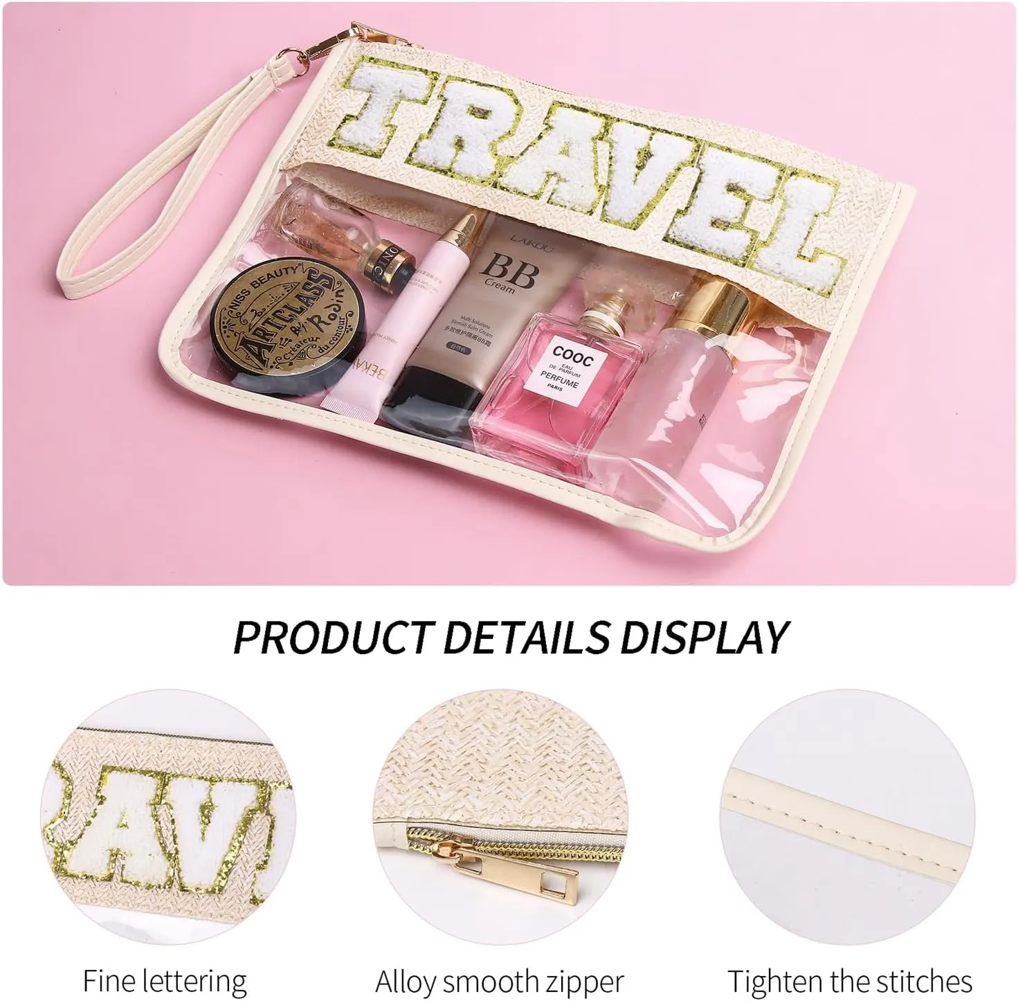 Chenille Letter Clear Zipper Pouch for Travel Clear Snack Bag Beach Cosmetic & Toiletry Makeup Bag for Women (TRAVEL)