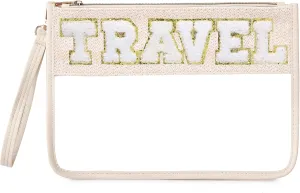 Chenille Letter Clear Zipper Pouch for Travel Clear Snack Bag Beach Cosmetic & Toiletry Makeup Bag for Women (TRAVEL)