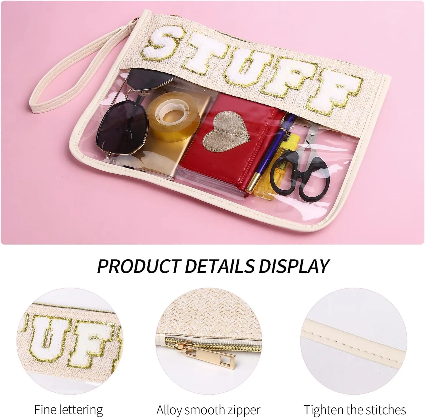 Chenille Letter Clear Zipper Pouch for Travel Clear Snack Bag Beach Cosmetic & Toiletry Makeup Bag for Women (TRAVEL)