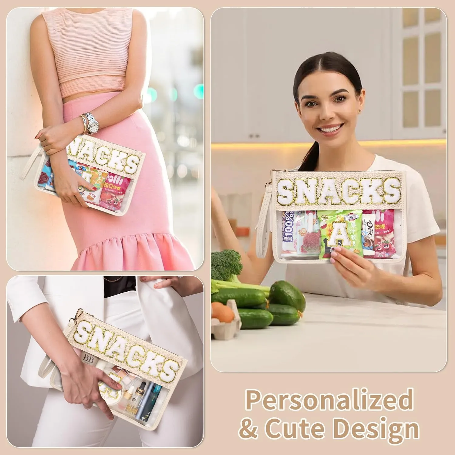 Chenille Letter Clear Zipper Pouch for Travel Clear Snack Bag Letter Makeup Pouch Bag for Women (Snacks-S)