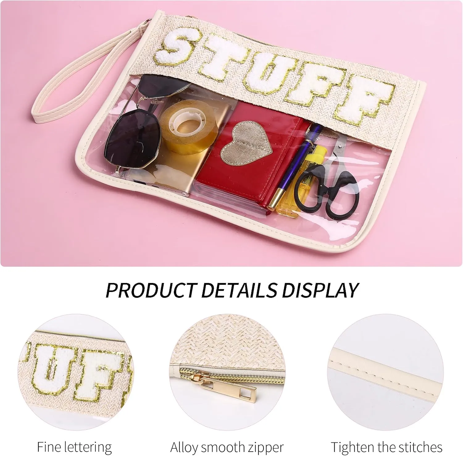 Chenille Letter Clear Zipper Pouch for Travel Clear Snack Bag Letter Makeup Pouch Bag for Women (Stuff-1)
