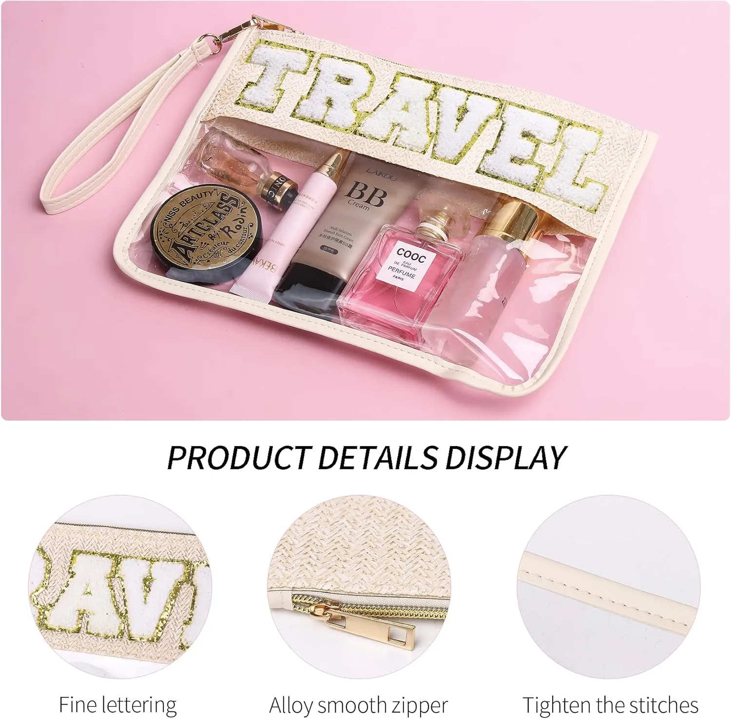 Chenille Letter Clear Zipper Pouch for Travel Clear Snack Bag Letter Makeup Pouch Bag for Women (Stuff-1)