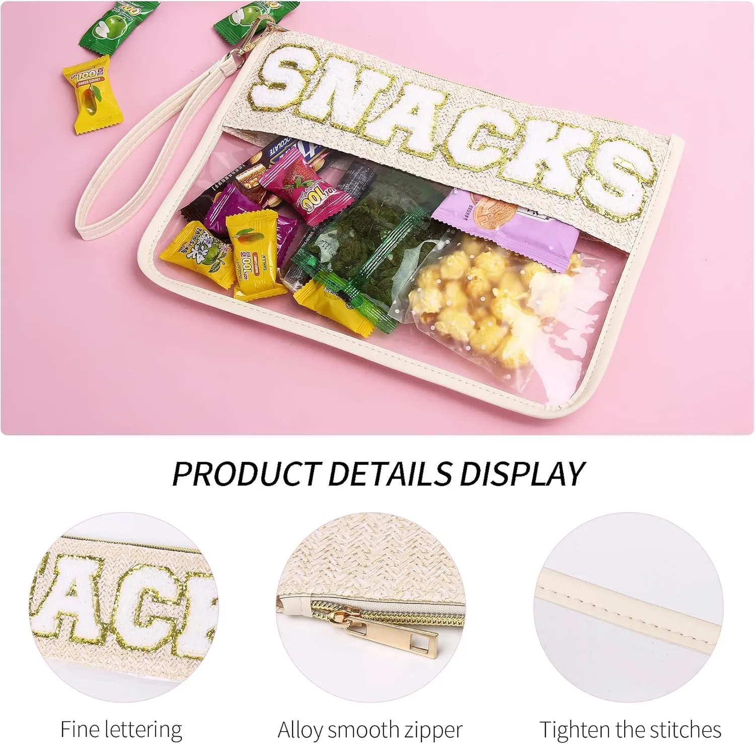 Chenille Letter Clear Zipper Pouch for Travel Clear Snack Bag Letter Makeup Pouch Bag for Women (Stuff-1)
