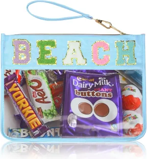 Chenille Letter Clear Zipper Pouch for Travel Preppy Patch Makeup Bag-Nylon Cosmetic Preppy Makeup Waterproof Organizer Bag Set for Women Valentines Bag (BL-BEACH)