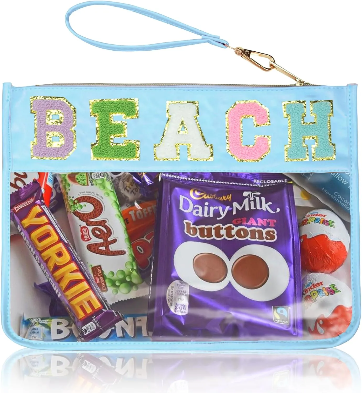 Chenille Letter Clear Zipper Pouch for Travel Preppy Patch Makeup Bag-Nylon Cosmetic Preppy Makeup Waterproof Organizer Bag Set for Women Valentines Bag (BL-BEACH)
