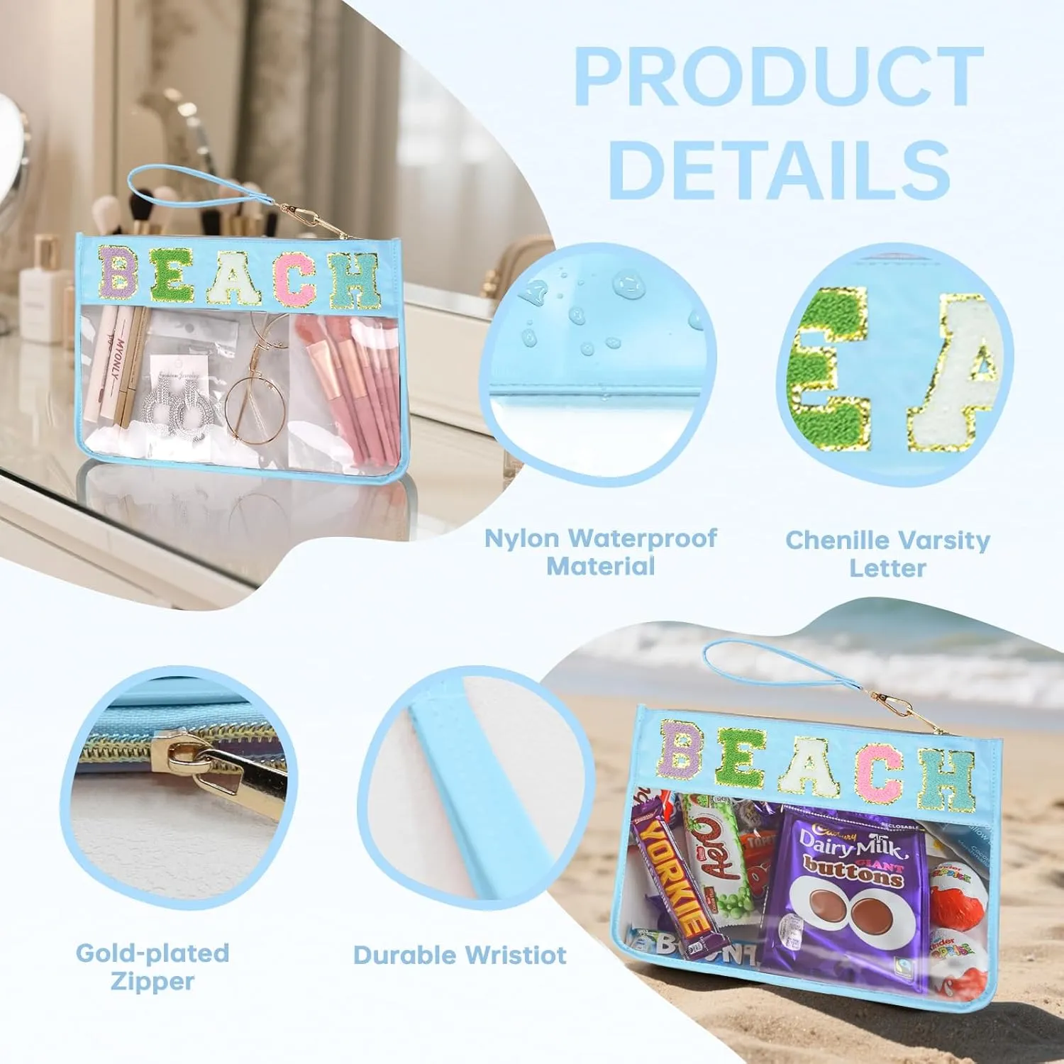 Chenille Letter Clear Zipper Pouch for Travel Preppy Patch Makeup Bag-Nylon Cosmetic Preppy Makeup Waterproof Organizer Bag Set for Women Valentines Bag (BL-BEACH)