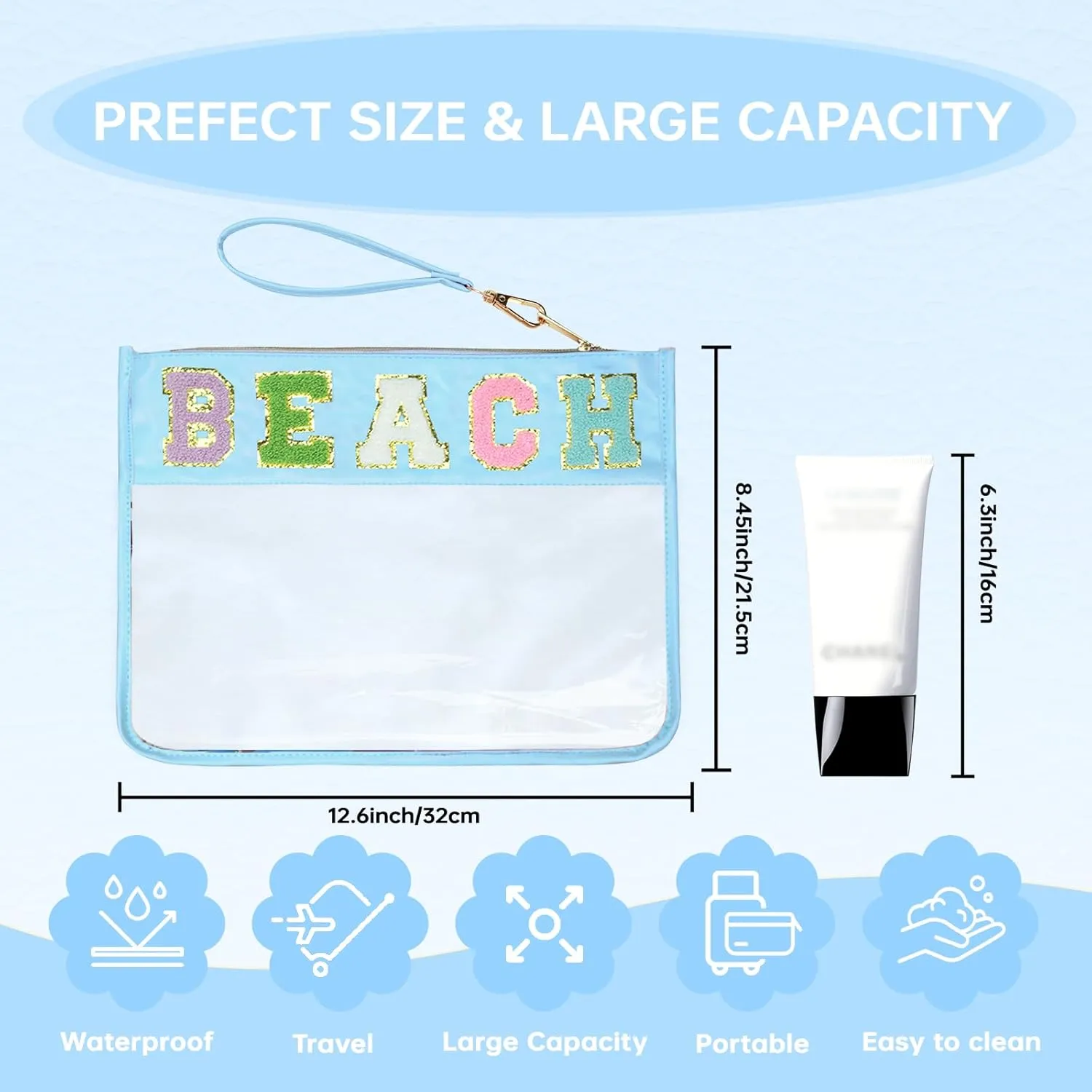 Chenille Letter Clear Zipper Pouch for Travel Preppy Patch Makeup Bag-Nylon Cosmetic Preppy Makeup Waterproof Organizer Bag Set for Women Valentines Bag (BL-BEACH)