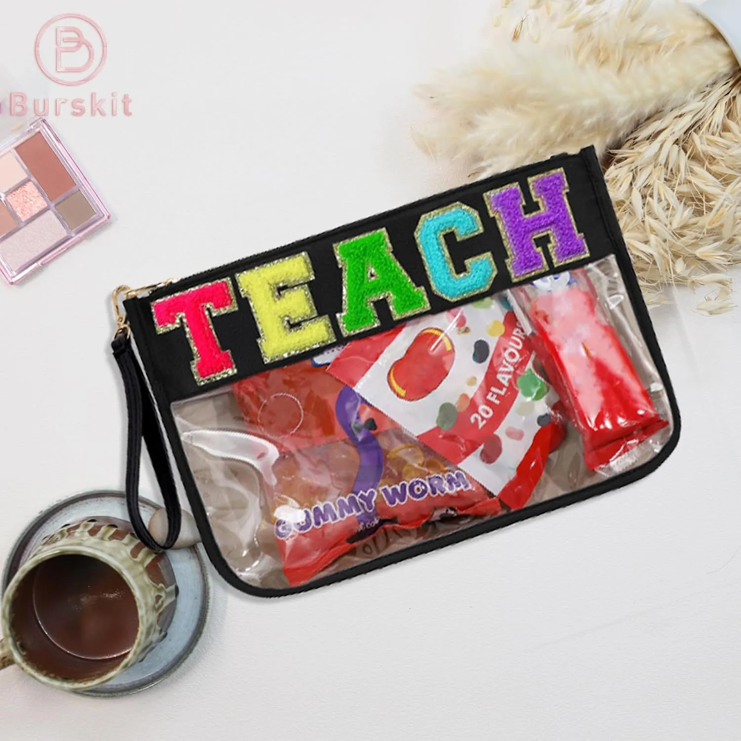 Chenille Letter Clear Zipper Pouch for Travel Preppy Patch Makeup Bag-Nylon Cosmetic Preppy Makeup Waterproof Organizer Bag Set for Women Valentines Bag (Black-Teach)