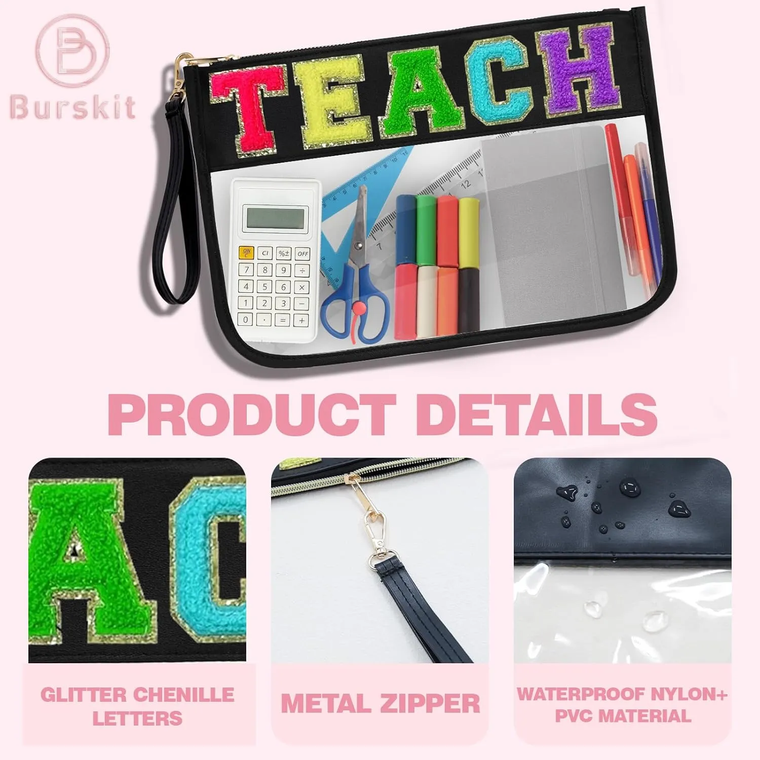Chenille Letter Clear Zipper Pouch for Travel Preppy Patch Makeup Bag-Nylon Cosmetic Preppy Makeup Waterproof Organizer Bag Set for Women Valentines Bag (Black-Teach)