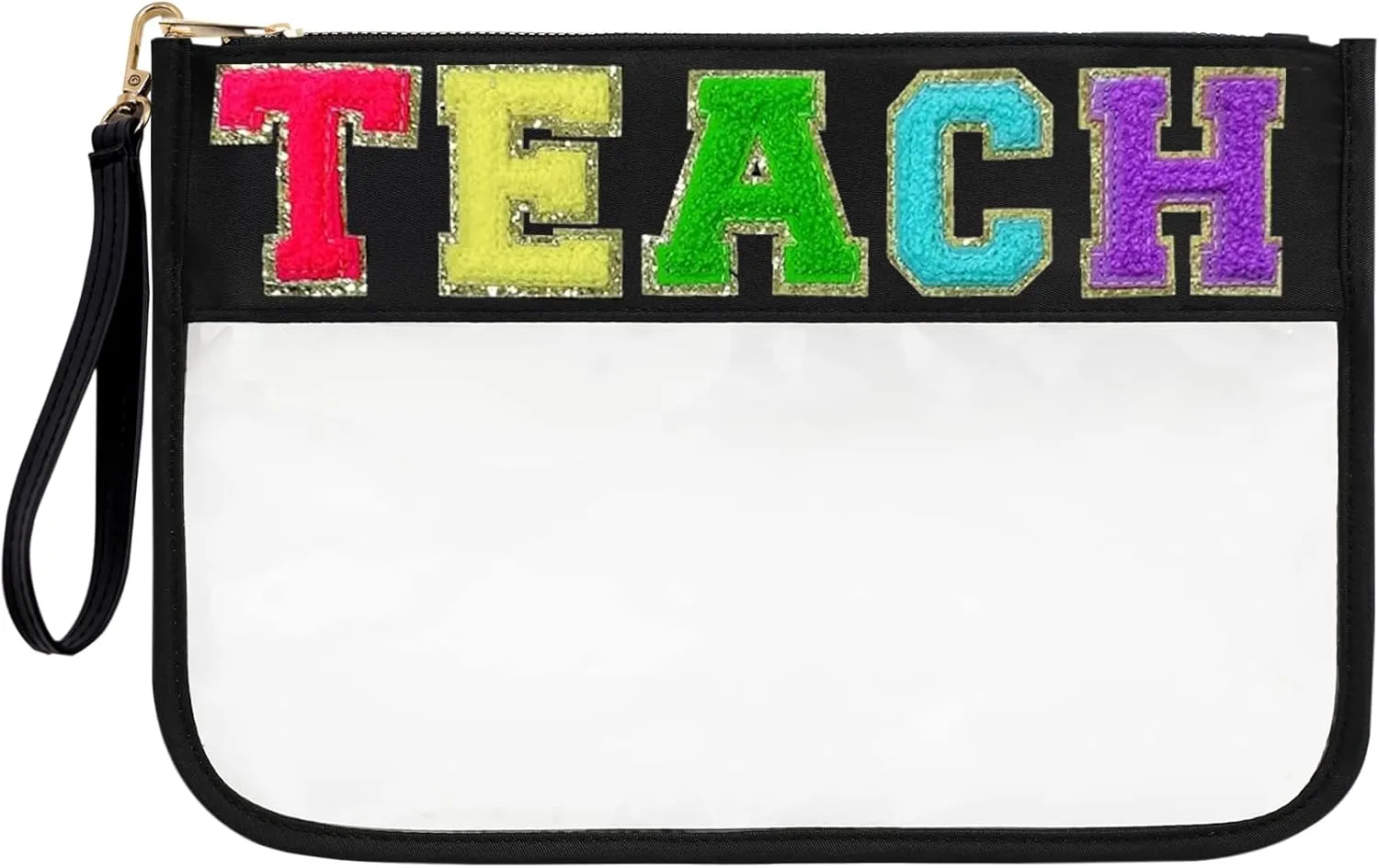 Chenille Letter Clear Zipper Pouch for Travel Preppy Patch Makeup Bag-Nylon Cosmetic Preppy Makeup Waterproof Organizer Bag Set for Women Valentines Bag (Black-Teach)