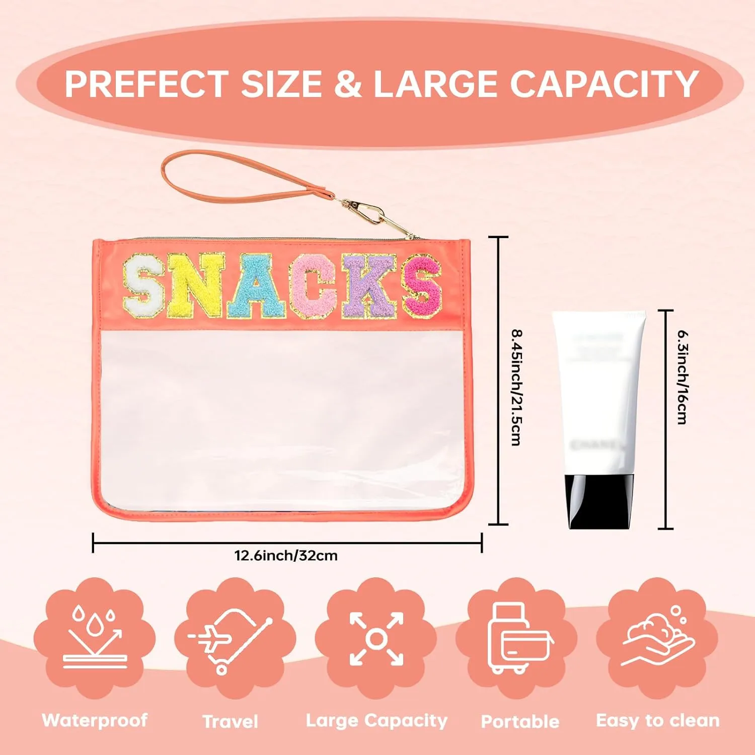 Chenille Letter Clear Zipper Pouch for Travel Preppy Patch Makeup Bag-Nylon Cosmetic Preppy Makeup Waterproof Organizer Bag Set for Women Valentines Bag (CS-SNACK-1)