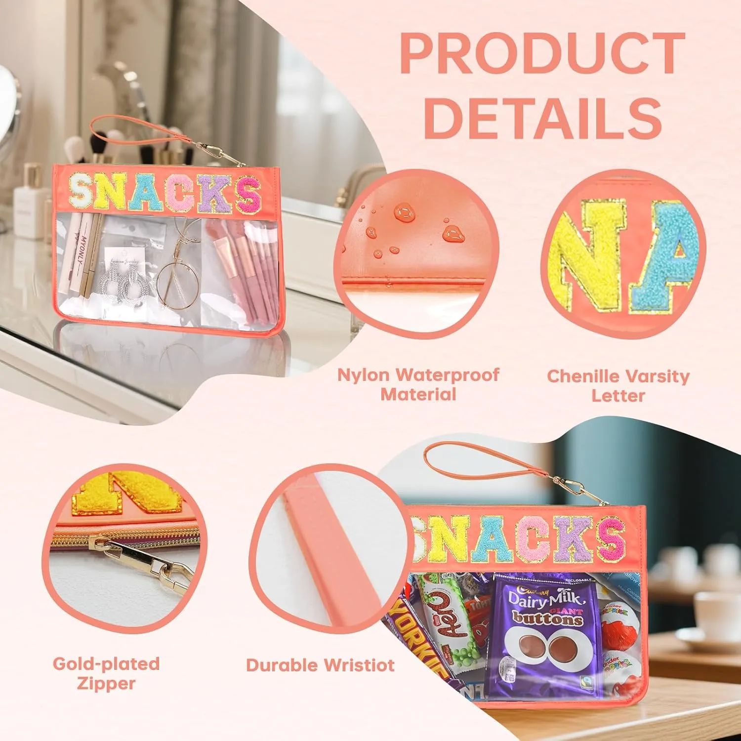 Chenille Letter Clear Zipper Pouch for Travel Preppy Patch Makeup Bag-Nylon Cosmetic Preppy Makeup Waterproof Organizer Bag Set for Women Valentines Bag (CS-SNACK-1)
