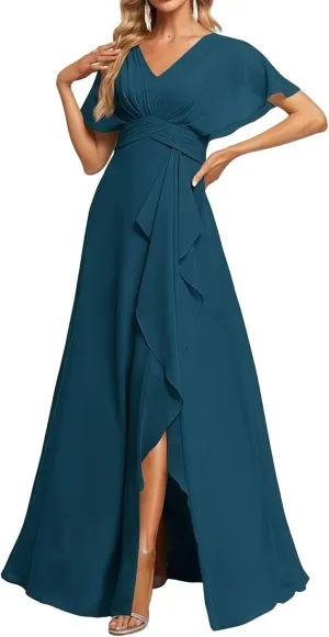 Chiffon Bridesmaid Dresses Ruffle A-Line Flutter Sleeve Formal Evening Dress with Slit