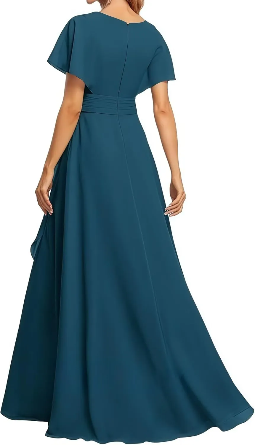 Chiffon Bridesmaid Dresses Ruffle A-Line Flutter Sleeve Formal Evening Dress with Slit