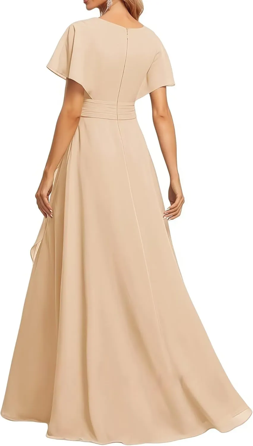 Chiffon Bridesmaid Dresses Ruffle A-Line Flutter Sleeve Formal Evening Dress with Slit