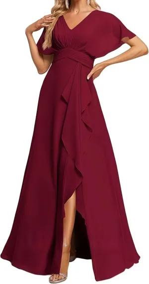 Chiffon Bridesmaid Dresses Ruffle A-Line Flutter Sleeve Formal Evening Dress with Slit