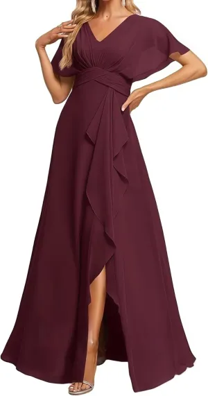 Chiffon Bridesmaid Dresses Ruffle A-Line Flutter Sleeve Formal Evening Dress with Slit