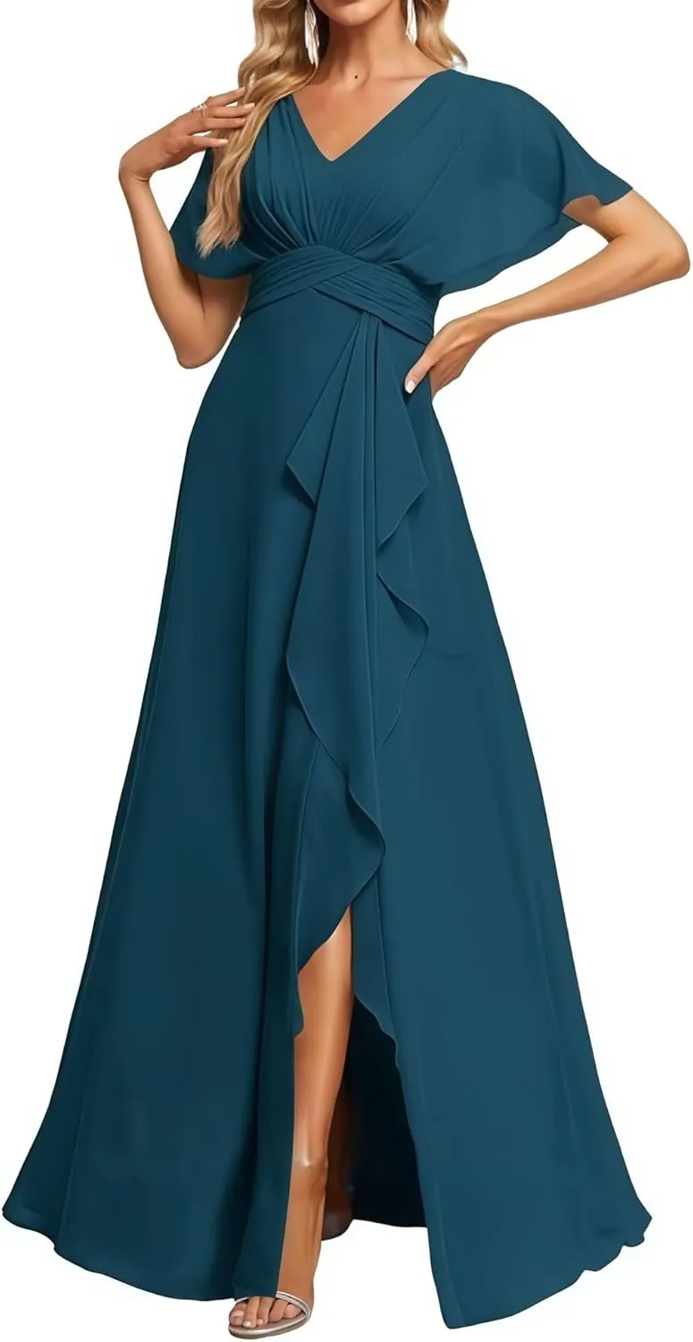 Chiffon Bridesmaid Dresses Ruffle A-Line Flutter Sleeve Formal Evening Dress with Slit