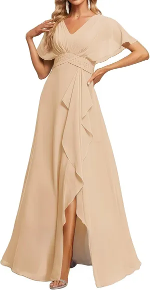 Chiffon Bridesmaid Dresses Ruffle A-Line Flutter Sleeve Formal Evening Dress with Slit
