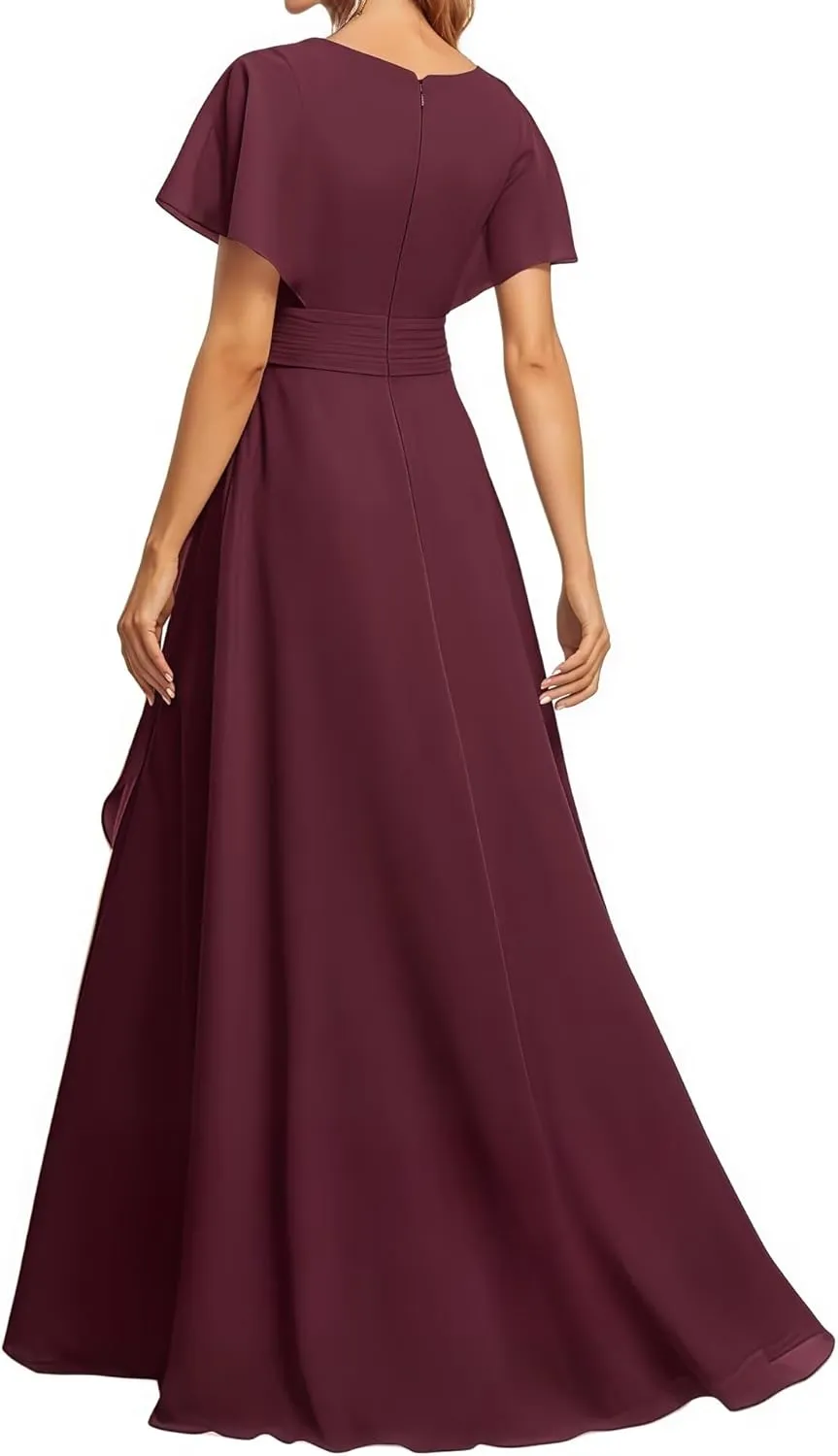 Chiffon Bridesmaid Dresses Ruffle A-Line Flutter Sleeve Formal Evening Dress with Slit