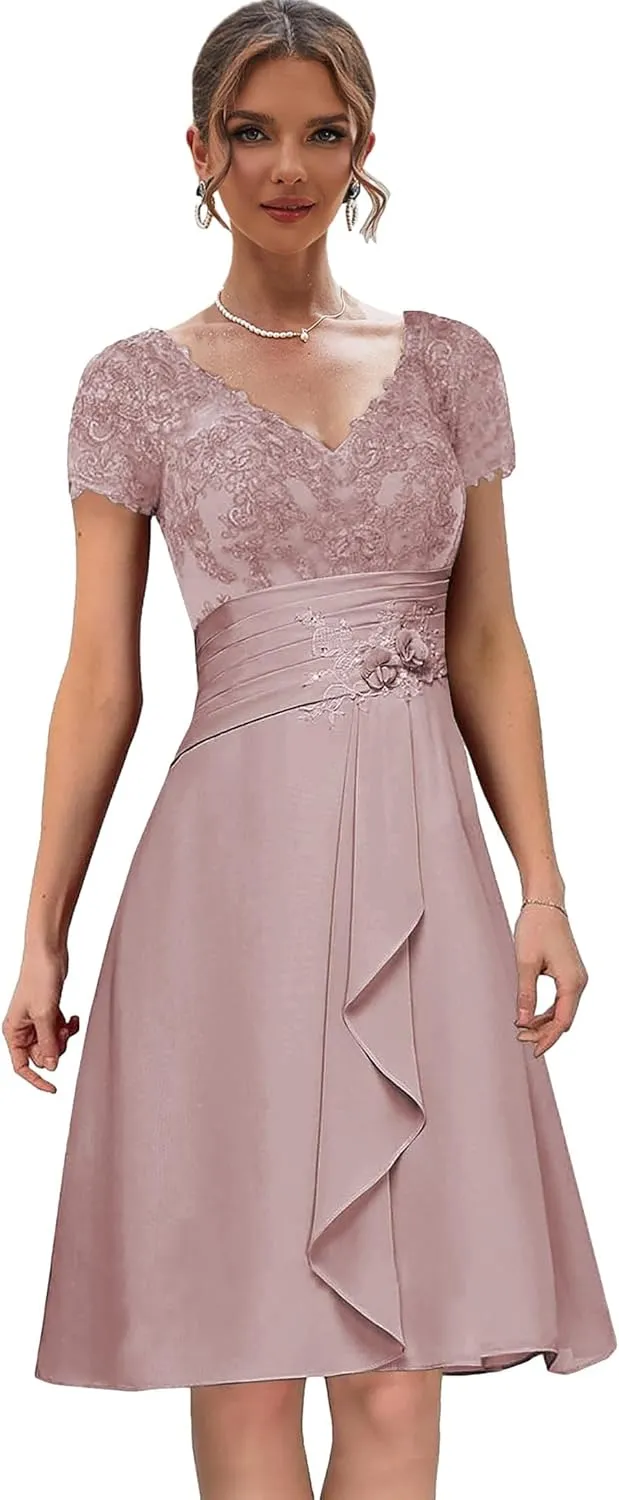 Chiffon Lace Mother of The Bride Dresses with Sleeves Ruffle Short Evening Gown V Neck Formal Dress for Wedding