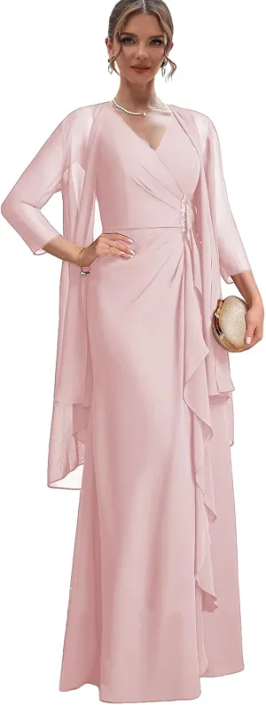 Chiffon Mother of The Bride Dresses for Wedding 2 Pieces Formal Dress with Jacket Long Evening Gown
