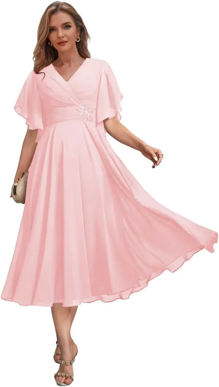 Chiffon Mother of The Bride Dresses with Sleeves for Women Tea Length Formal Wedding Guest Dress